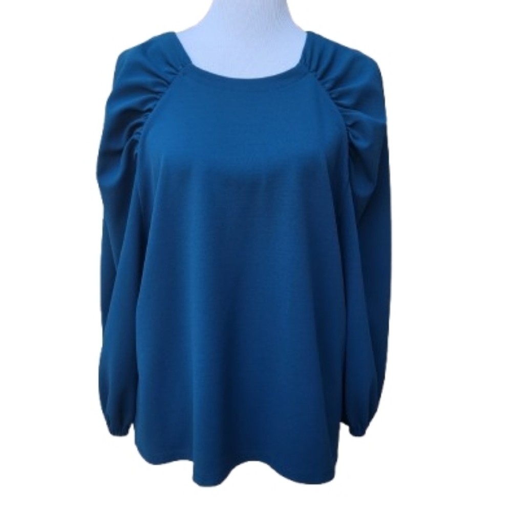 Ann Taylor Teal Blue Blouse Ruched Raglan Balloon Sleeves Solid Workwear Office